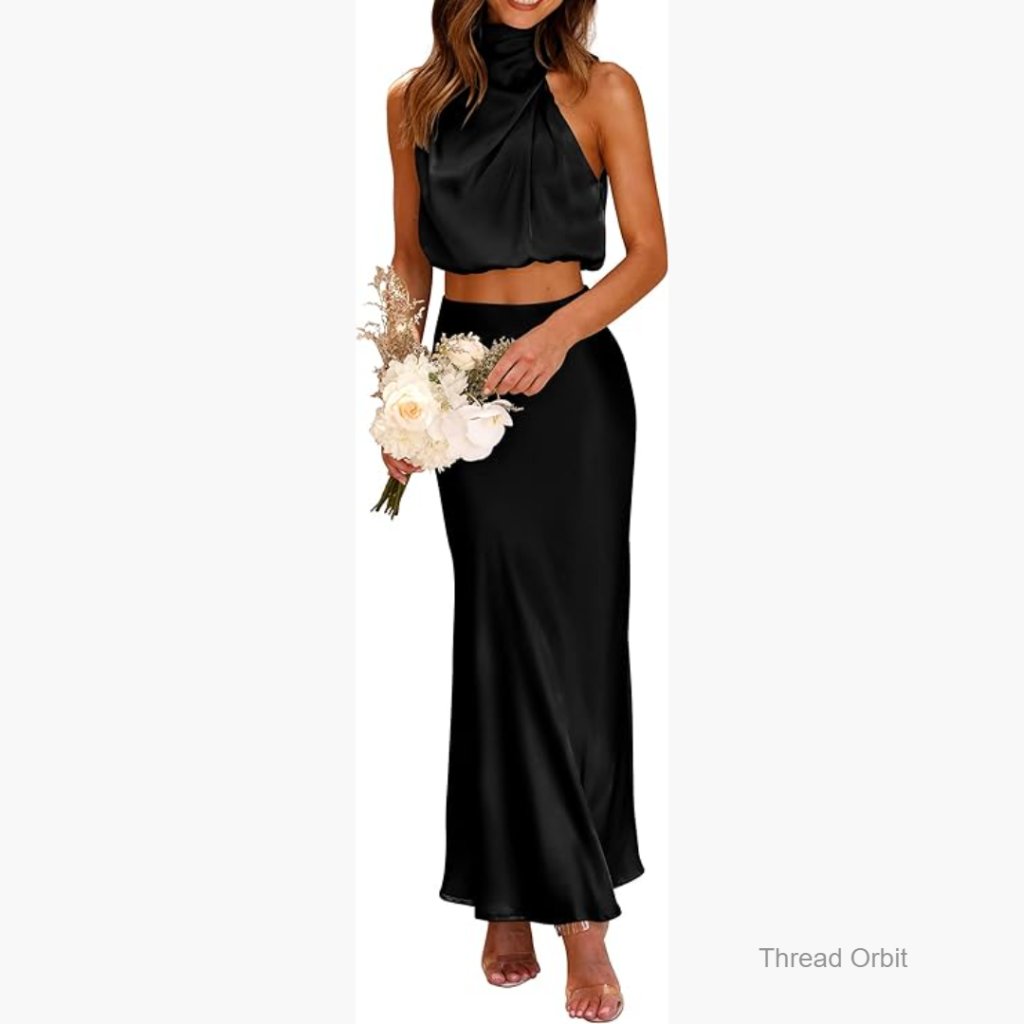 Satin 2-Piece Set: Mock Neck Crop Top & Long Skirt, Summer Outfit